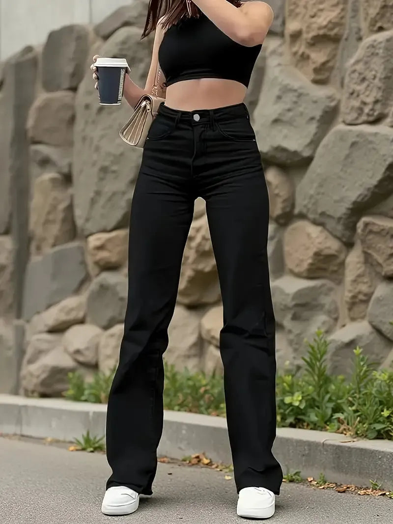 Black straight stretch casual trousers in cotton denim with high waist and straight leg