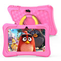 Blue children's educational tablet with a soft silicone protective cover, showing a 7-inch screen on a white background.