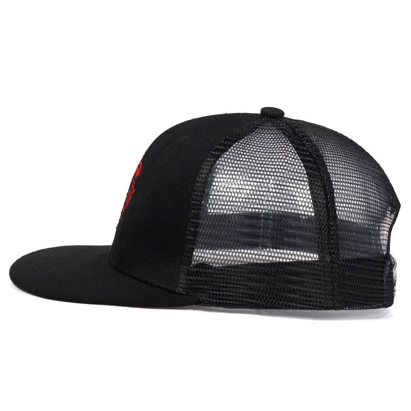 Adjustable cotton baseball cap with lion face embroidery in black, front view
