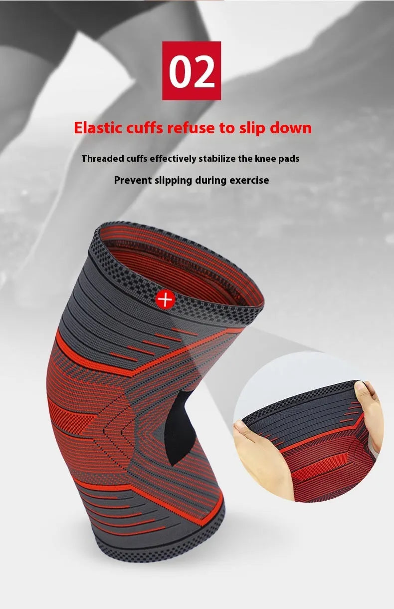 Outdoor sports kneecaps with four-sided elastic construction, shown in red, green, and orange colours, sized for tennis and athletic use