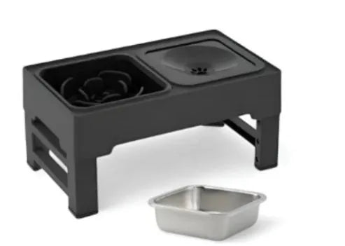 Adjustable height grey dog feeding stand with two stainless steel bowls on an anti-slip base