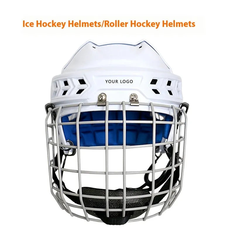 Ice hockey helmet with carbon steel face mask for head protection in S, M, L, XL sizes