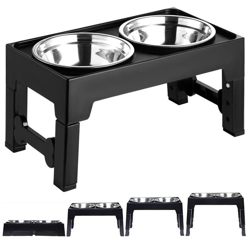 Black pet lifting feeding bowl with anti-tumble base and stainless steel double bowl for medium large dogs