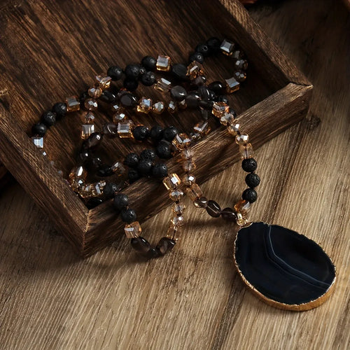 Bohemian natural stone agate water drop pendant necklace with glass beads, available in multiple colours