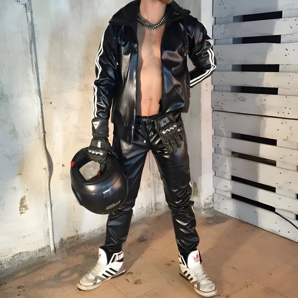 Men's black PU leather hooded sports set with jacket and trousers for autumn athletics
