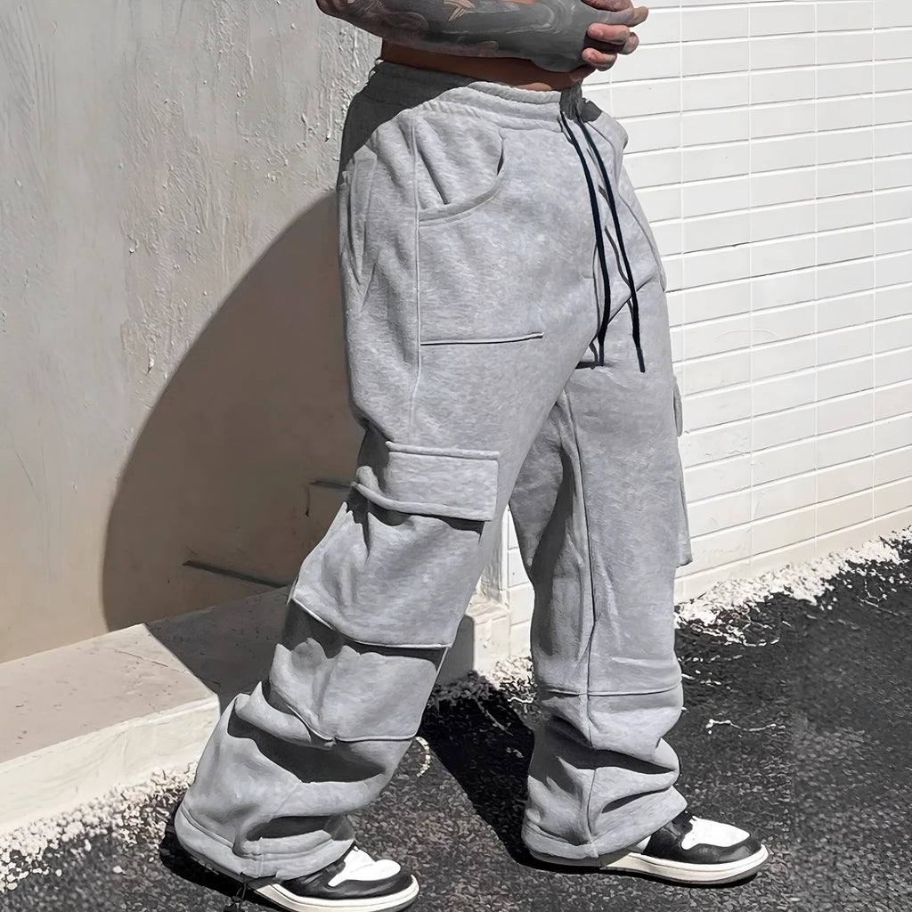 Loose wide leg American gray track sweatpants for teenagers in plus size, black colour, elastic waistband, polyester fibre