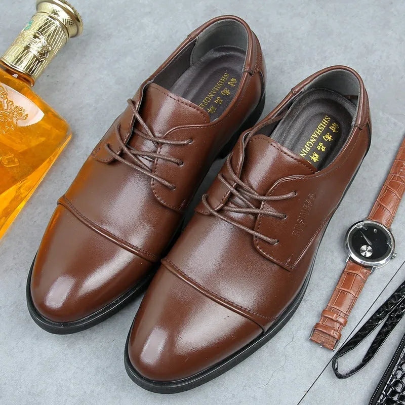 Men's plus size black PU leather formal lace up shoes with rubber sole and horse buckle detail