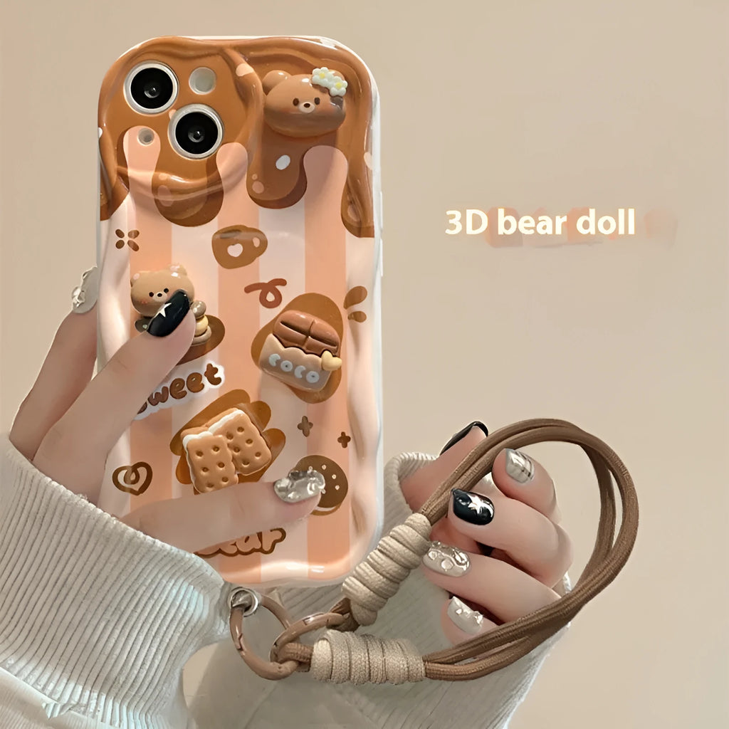 Cream pattern silicone phone case with chocolate doll lanyard for Apple iPhone anti-fall protection