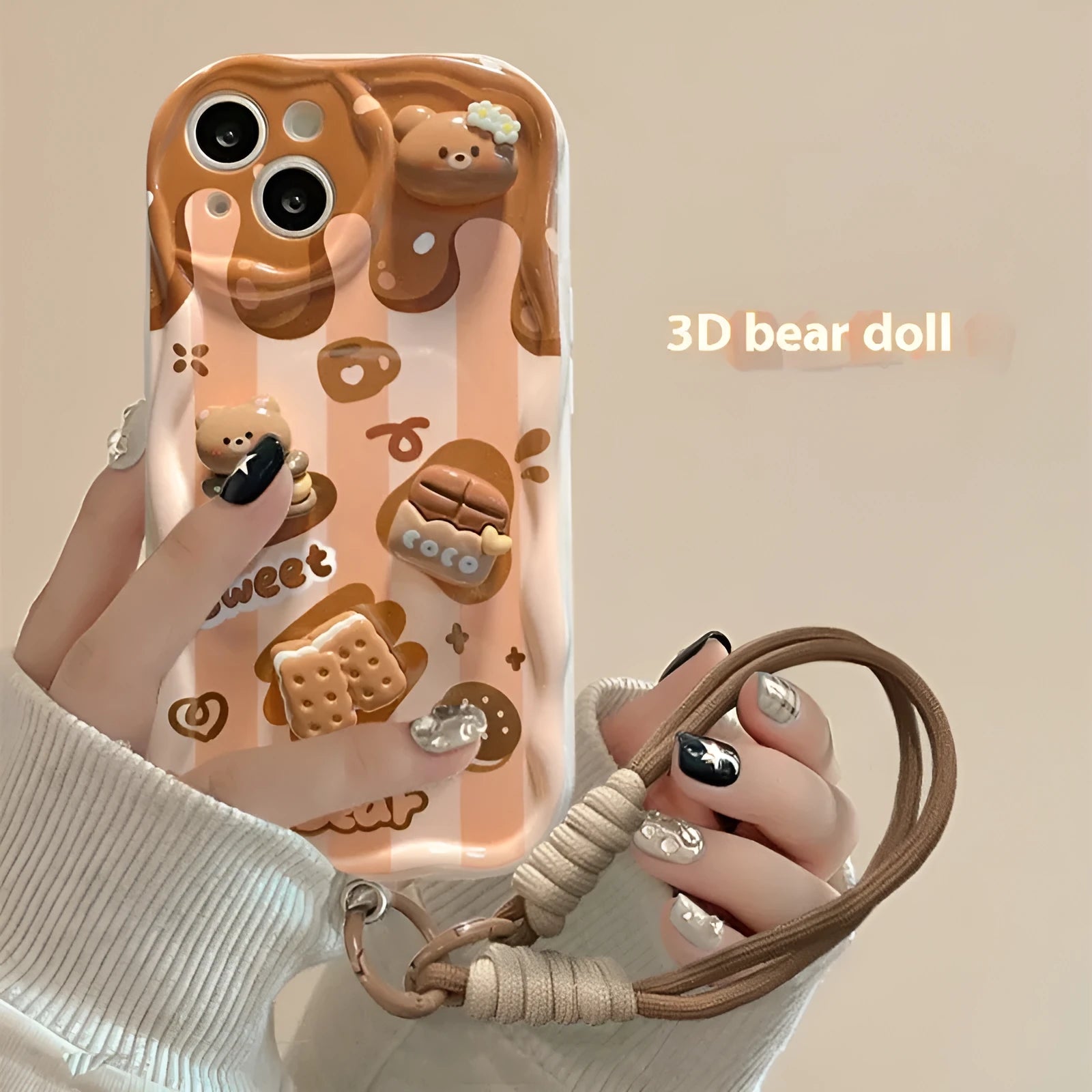 Cream pattern silicone phone case with chocolate doll lanyard for Apple iPhone anti-fall protection
