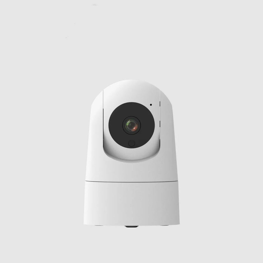 White indoor pan-tilt security camera with wide-angle lens on a desk.