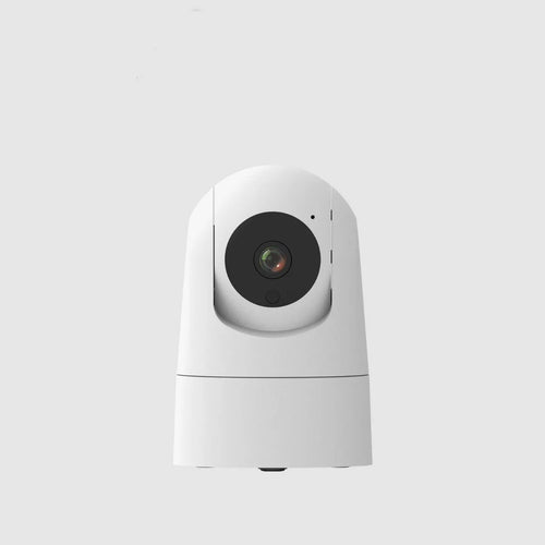 White indoor pan-tilt security camera with wide-angle lens on a desk.