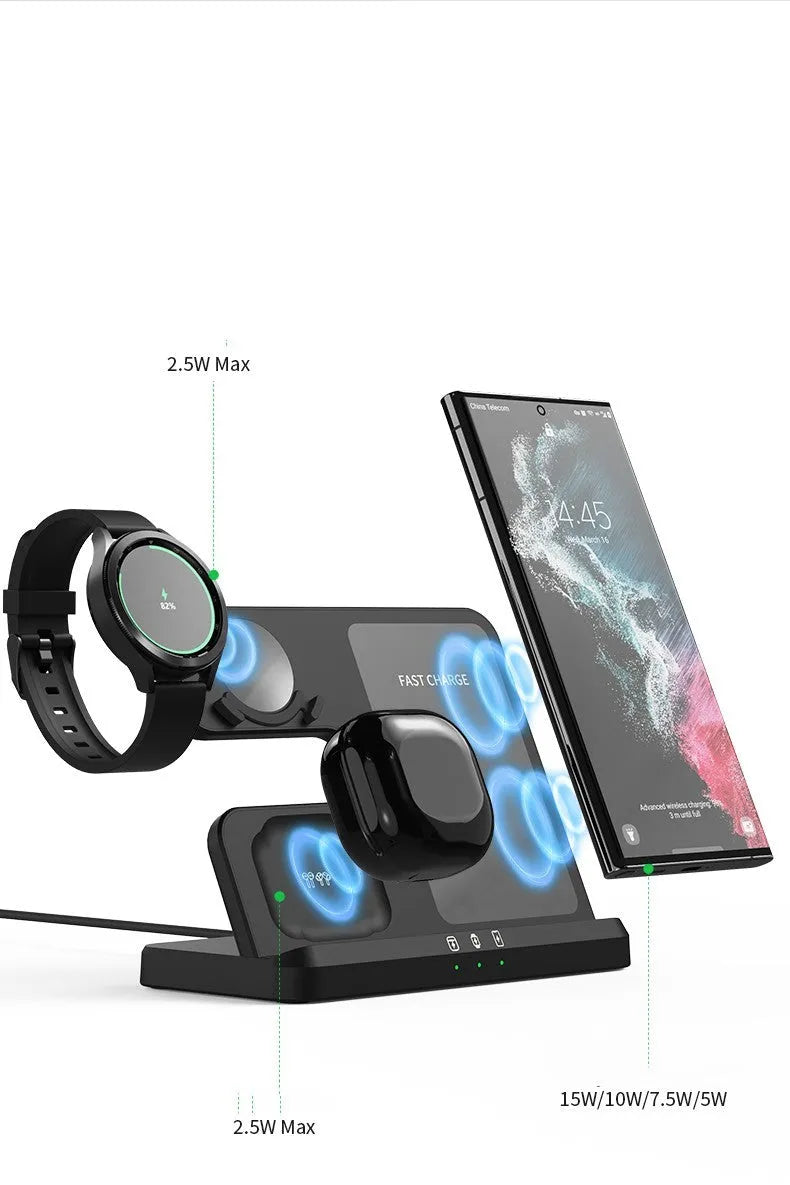 Vertical 3-in-1 wireless charging dock for mobile phone, smartwatch and headphones with 15W fast charging