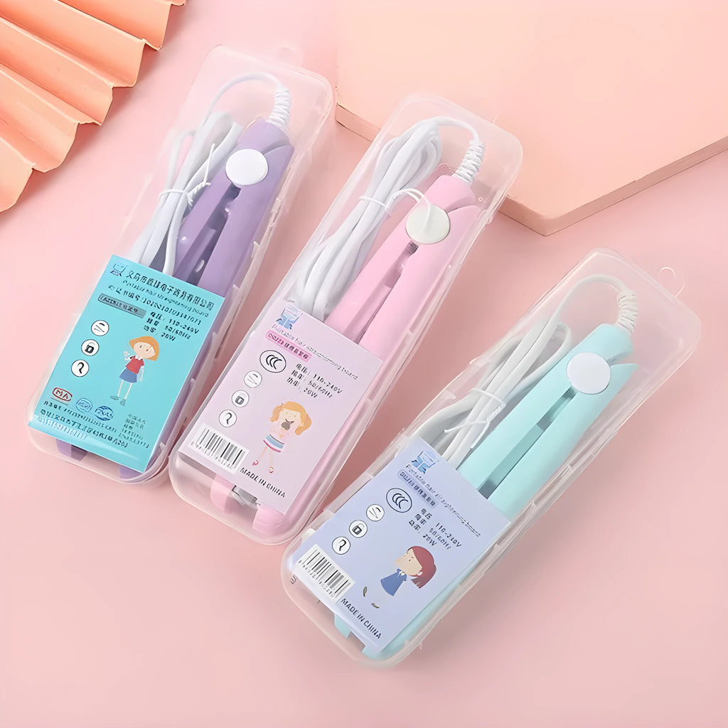 Mini hairdressing splint hair straightener clip and storage box in blue, pink, white, purple, or yellow colours