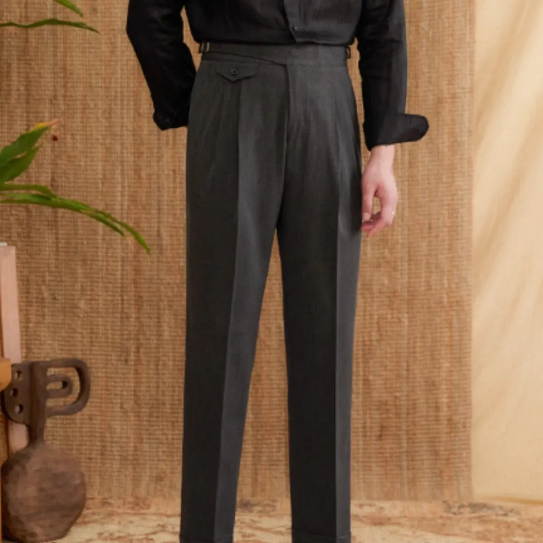 Men's slim fit straight leg business trousers in dark grey, light brown, or light apricot colours.