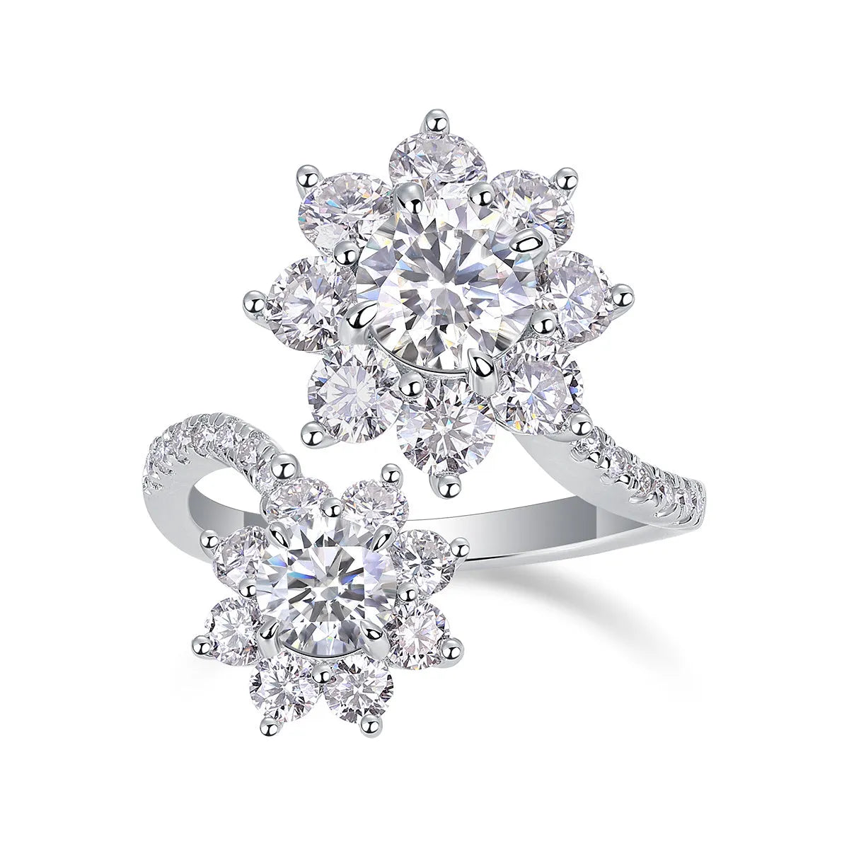 Wedding ring set with 1 carat round moissanite stone in S925 silver with platinum plating on white background