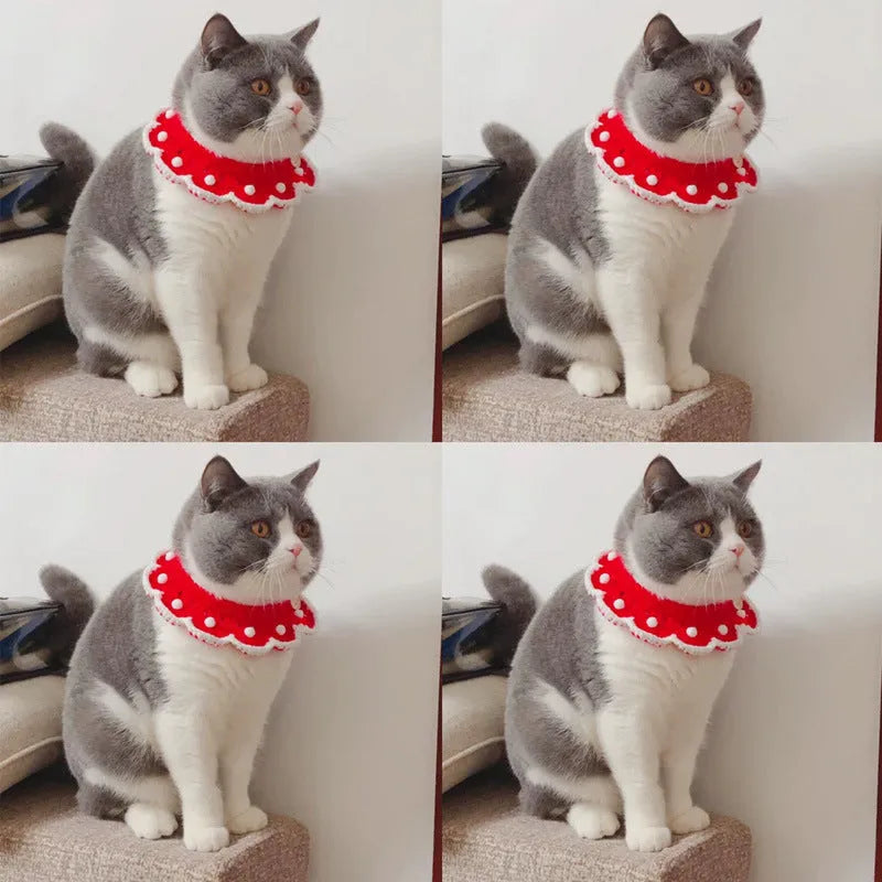Wool knitted pet collar in milk cotton with cartoon pattern, shown in various sizes for cats, dogs, and rabbits
