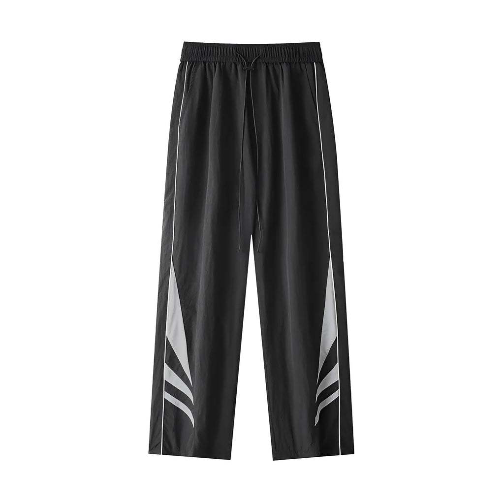 Men's black straight-leg summer trousers with an elastic waistband on a plus-size model