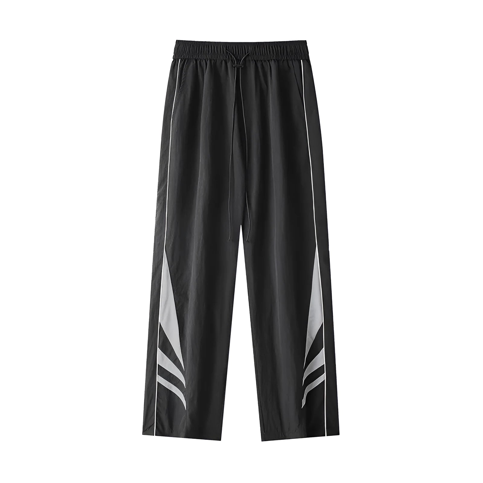 Men's black straight-leg summer trousers with an elastic waistband on a plus-size model