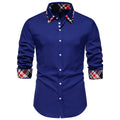 Men's plaid triangle collar long sleeve cardigan shirt in blue, black, white, sizes S 2XL