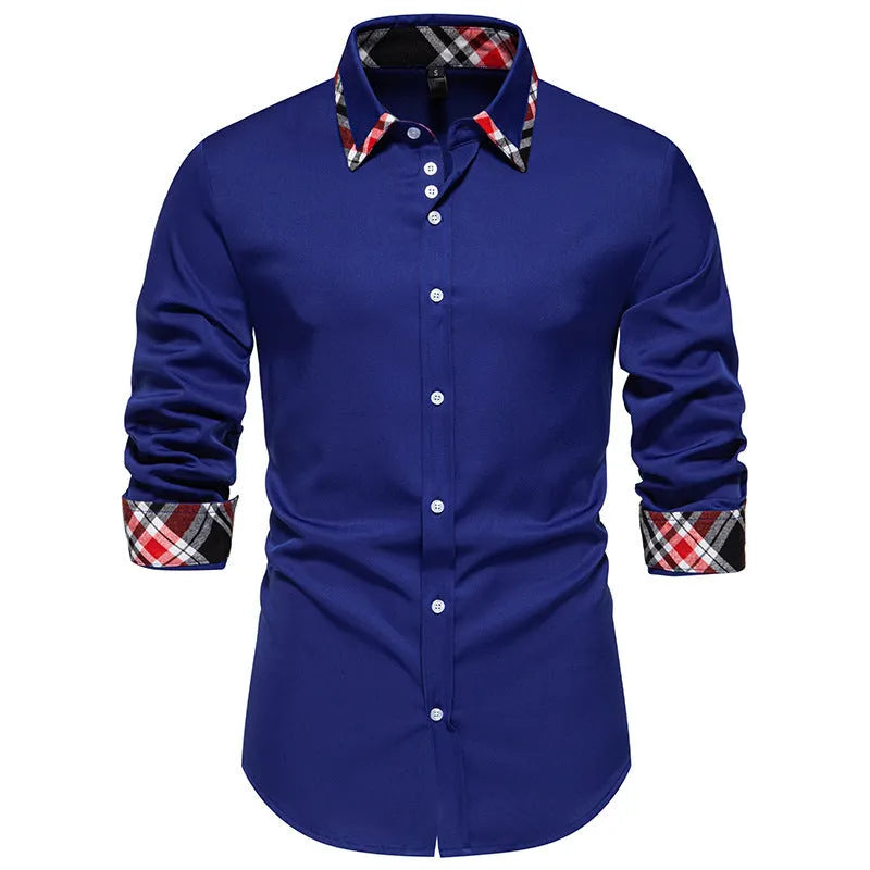 Men's blue plaid long sleeve shirt with a triangle collar and button front.