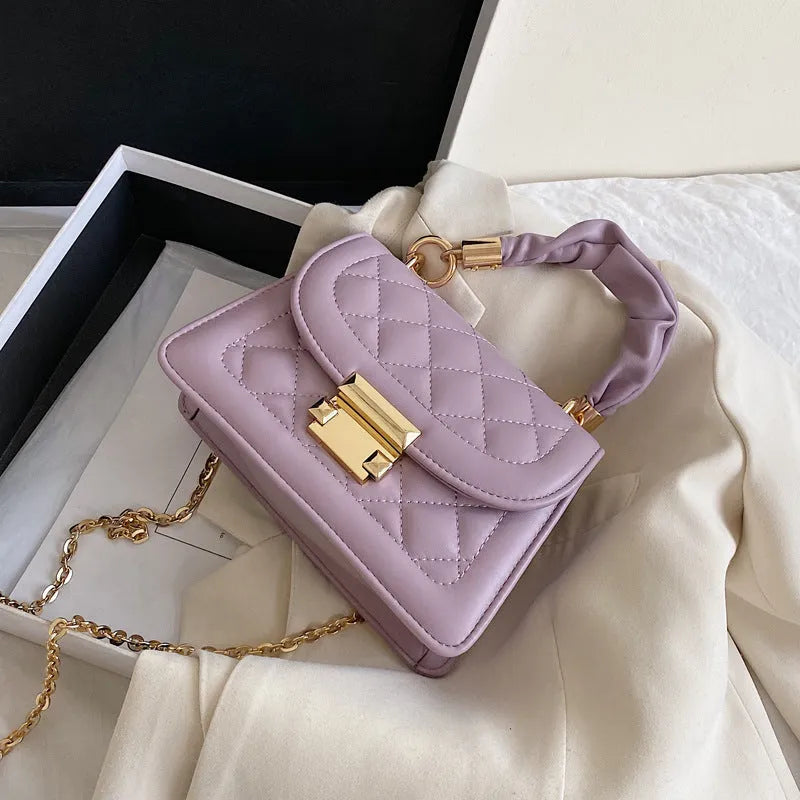 Small square shoulder bag with rhombus pattern PU leather in purple colour with crossbody strap