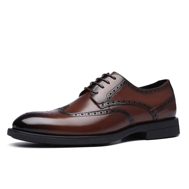 Men's black and brown brogue shoes with business styling and PU leather upper