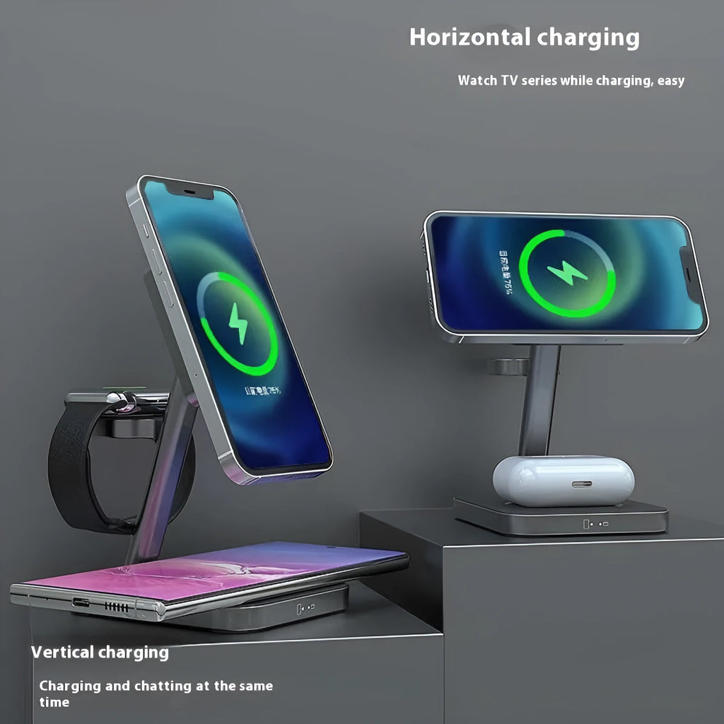 Desktop three-in-one magnetic 15W wireless charger bracket with Type-C interface for phone charging