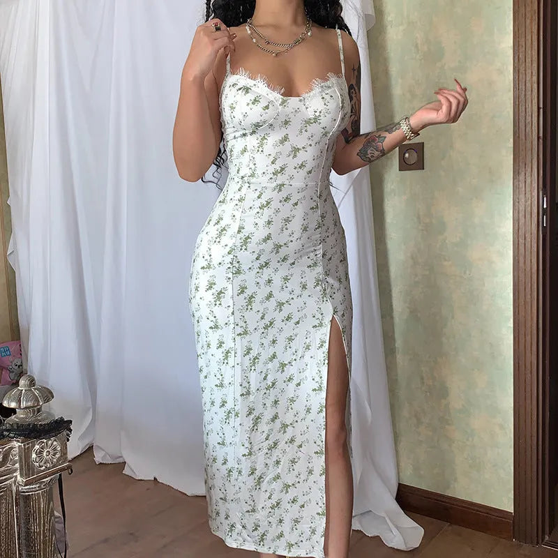 Women's long dress with lace flowers print pattern, side slit, and suspender straps in polyester fabric