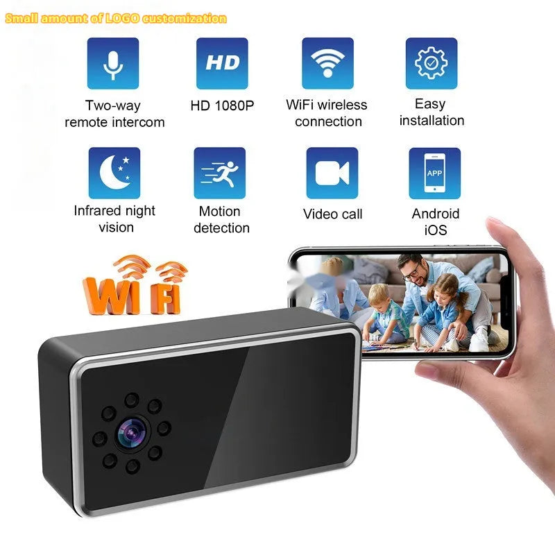 Wireless HD surveillance camera with compact dimensions for indoor security monitoring