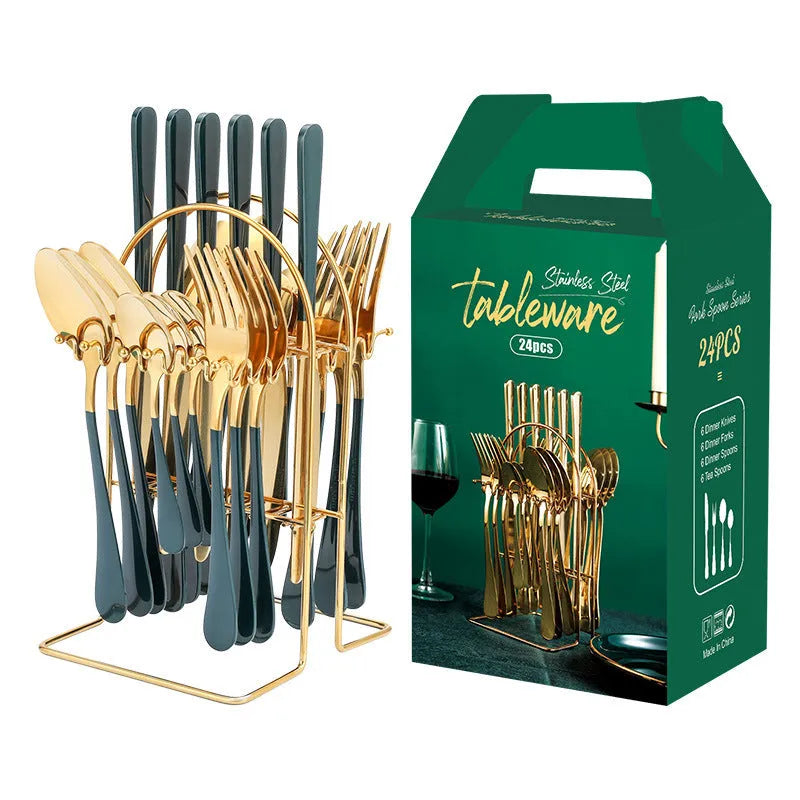 24-piece stainless steel cutlery set with storage rack in a gold finish