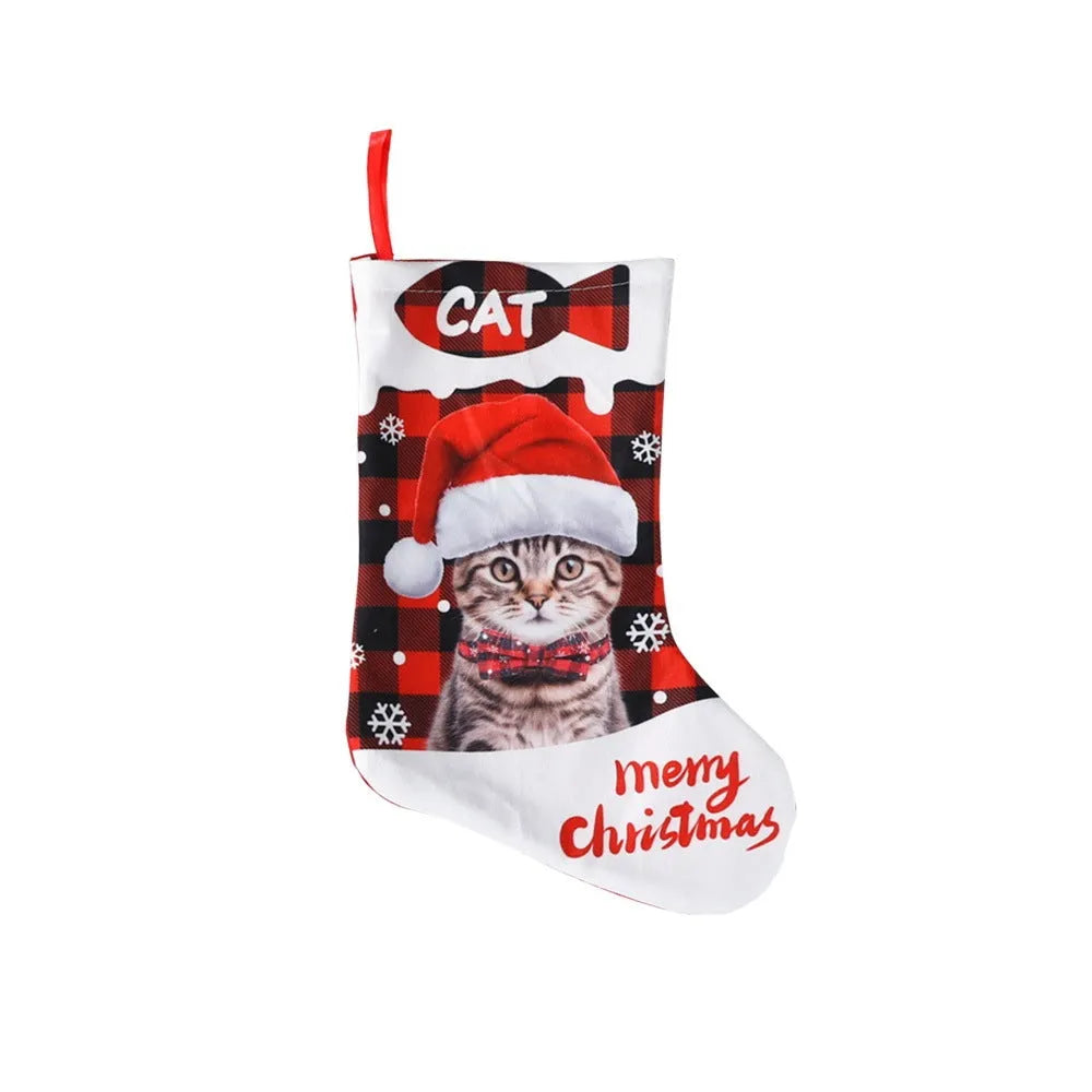 26x36cm printed cloth Christmas banner with puppy and cat designs in plaid patterns