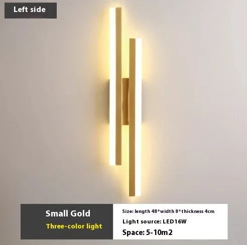 Modern minimalist Scandinavian LED wall light with acrylic shade in black or gold finish, shown in 48cm, 50cm, and 65cm sizes.