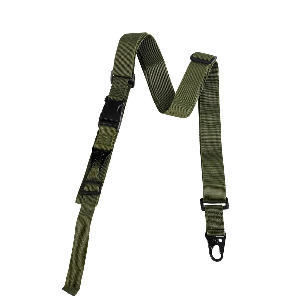 Army green nylon crossbody sling strap with alloy snap buckle, laid flat to show 148cm length