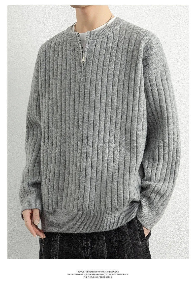 Men's grey half zip pullover sweater with texture knitting and loose fit design