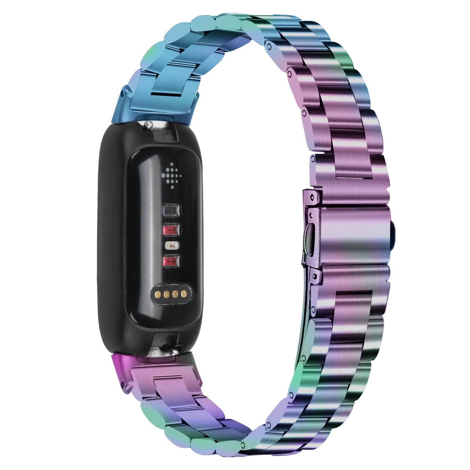 Stainless steel magnetic closure watch strap for Fitbit Inspire 3 in silver, black, gold, and rose gold colours.