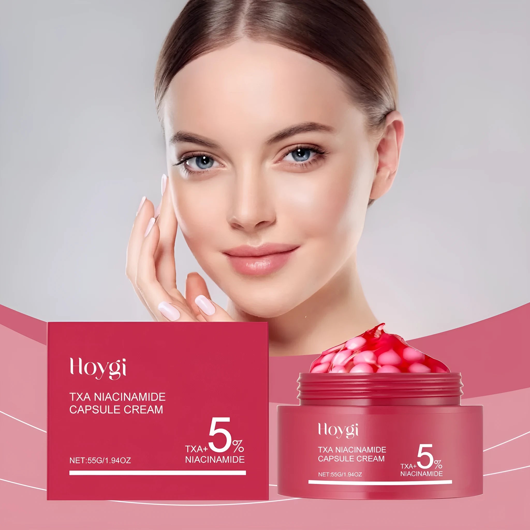 55g moisturising cream jar with tranexamic acid and nicotinamide dual-phase formulation