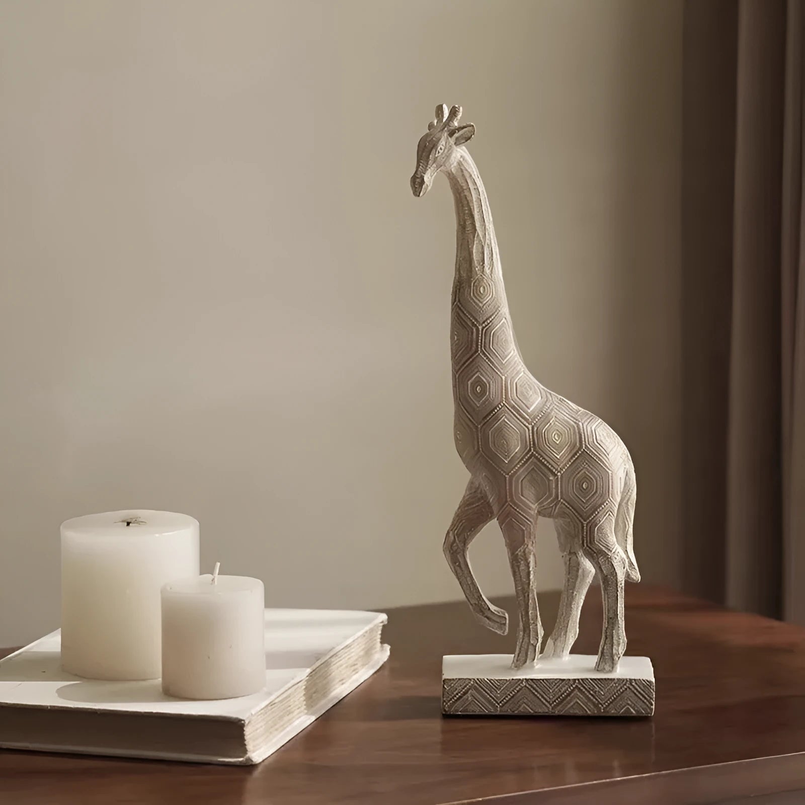 Wood colour giraffe resin ornament on a table, showing European style design and 30.5cm height.