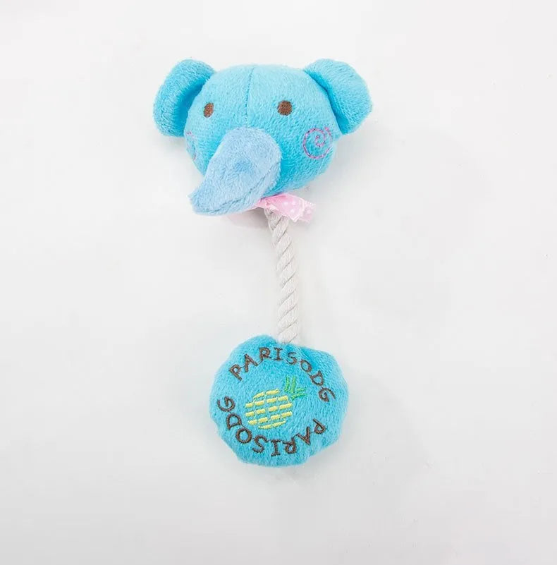 Plush dog toy with cotton rope and sound device in animal designs