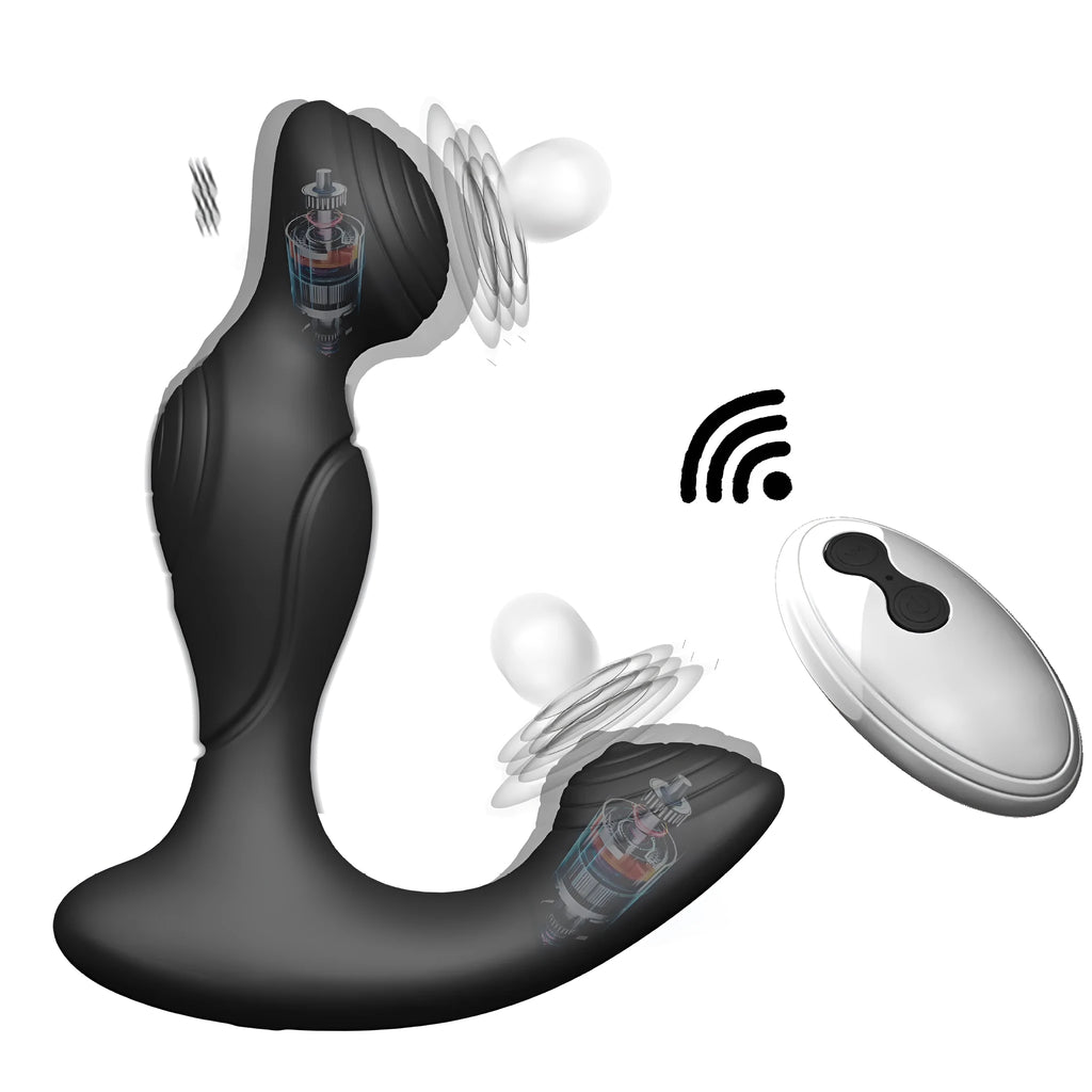 Black wireless remote control silicone prostate massager with remote control unit