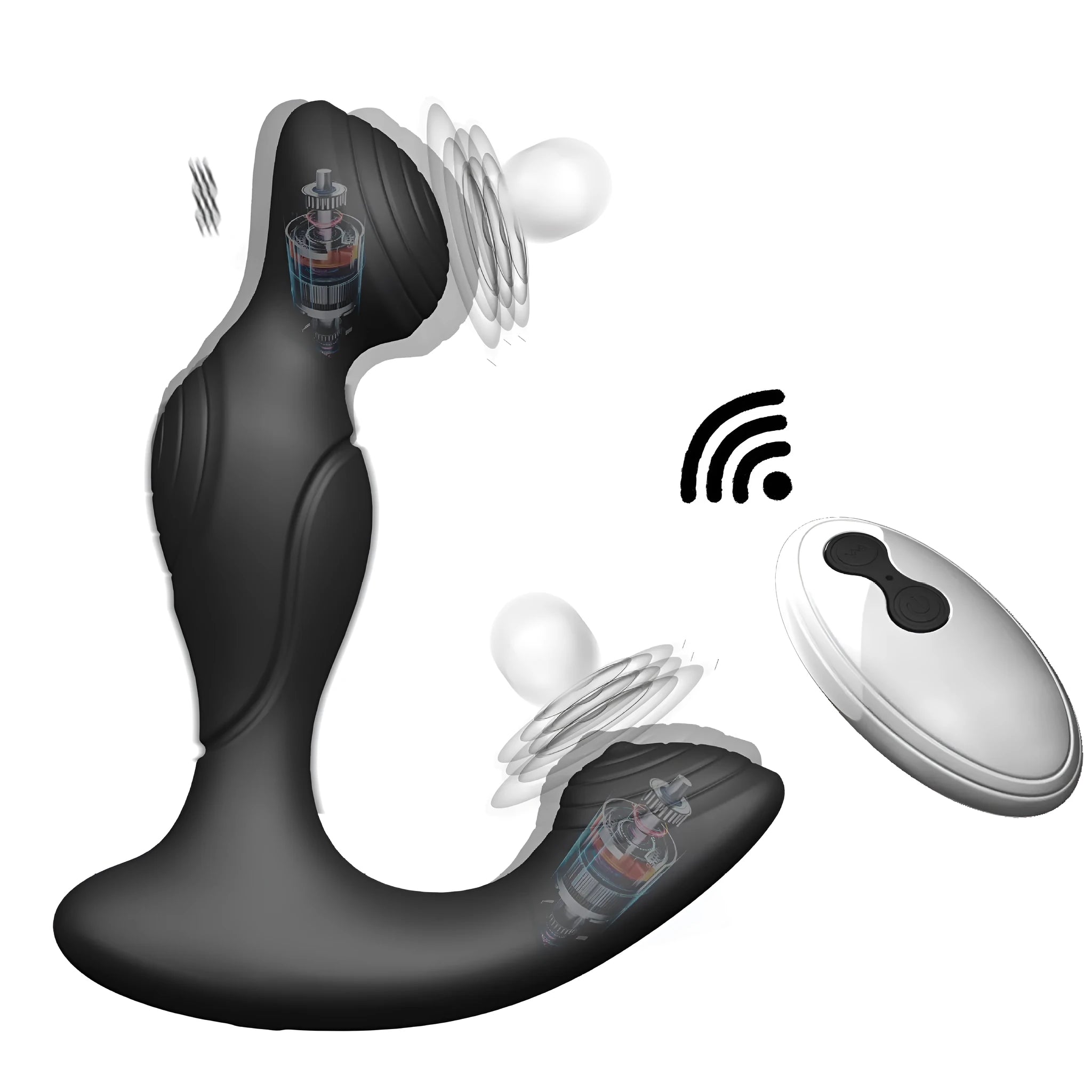 Black wireless remote control silicone prostate massager with remote control unit