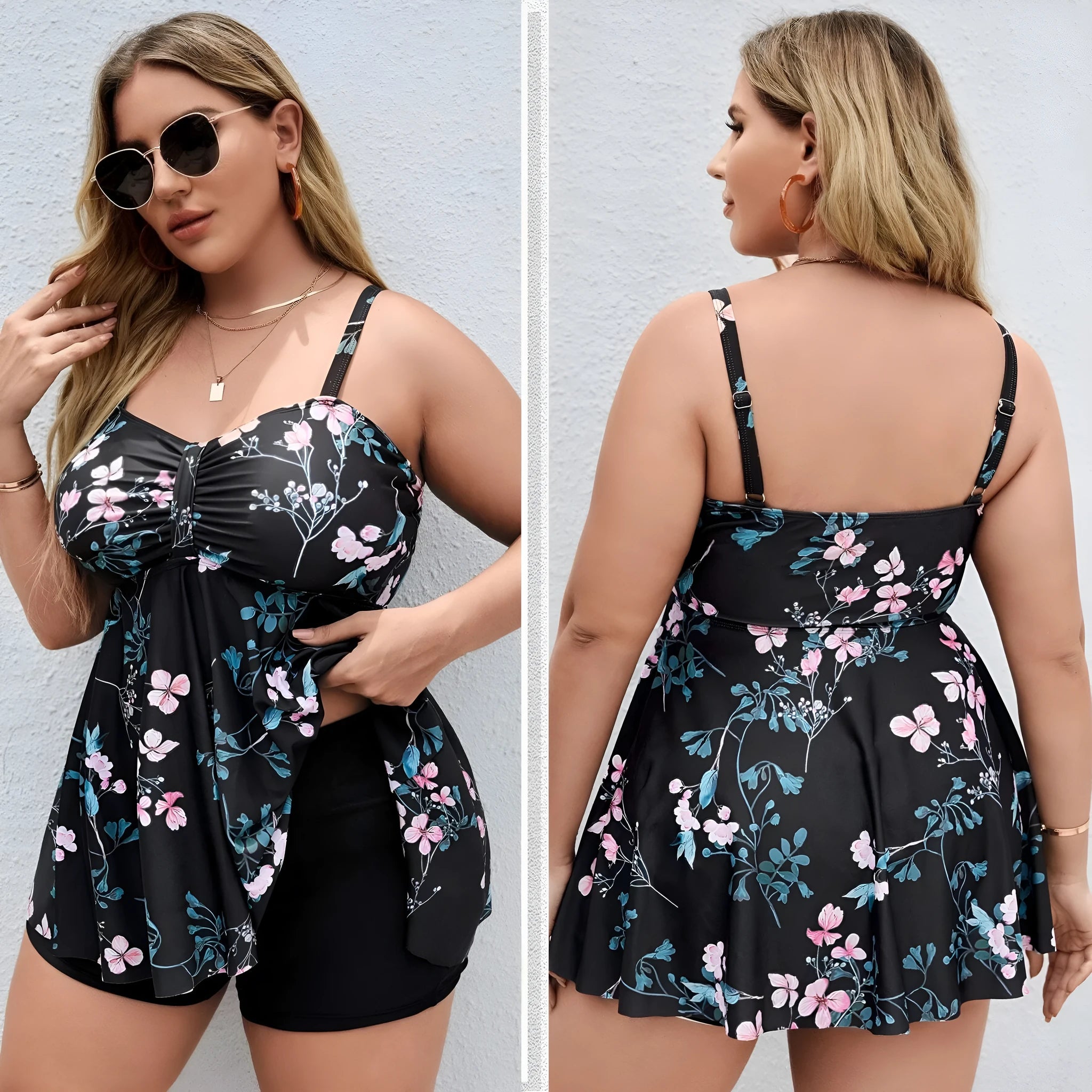 Women's one-piece swimsuit with a split colour floral pattern, shown on a model.