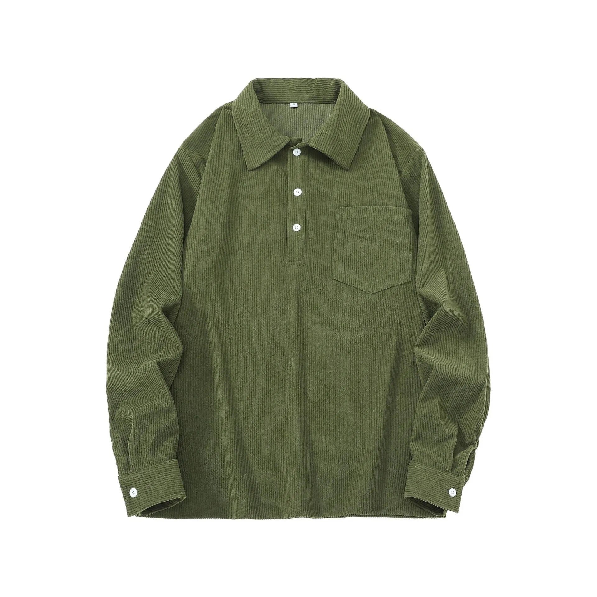 American retro casual bottoming shirt in black, loose fit polyester pullover, front view