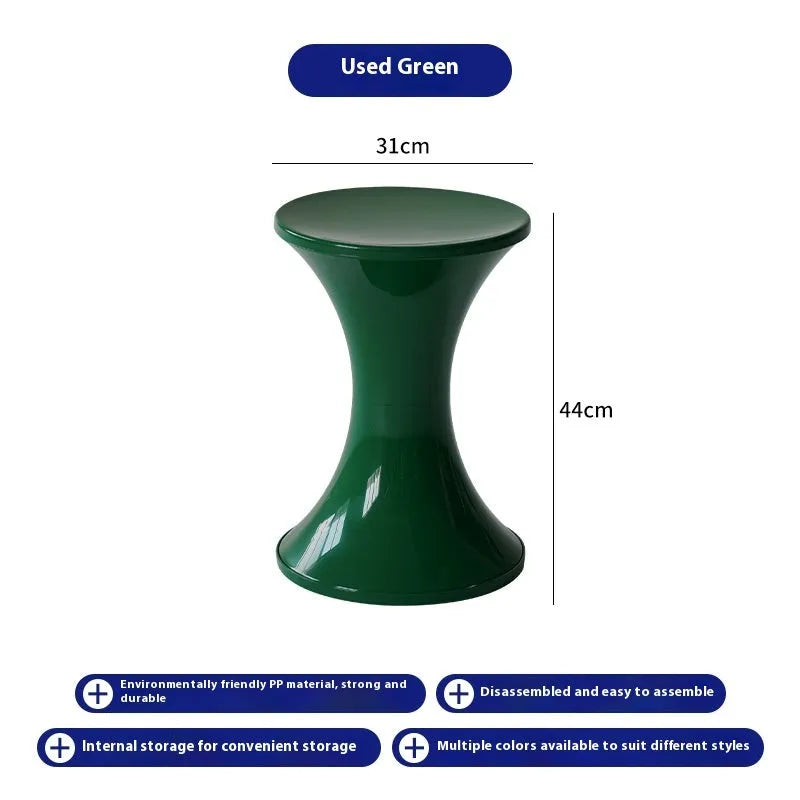 Plastic hourglass shoe changing stool in multiple colours with compact dimensions