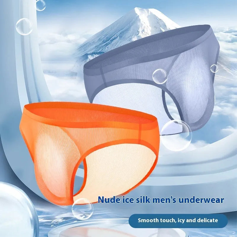 Men's seamless ice silk underwear briefs in a grey and blue stripe pattern, showing low-waist fit.