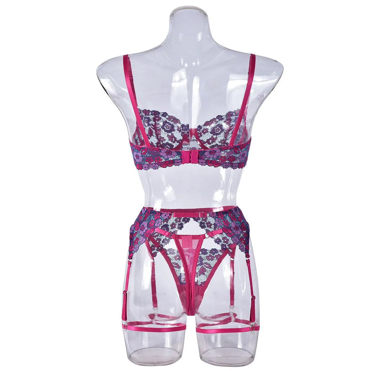 Rose red women's bikini swimwear set with embroidered contrast colour detail on mannequin