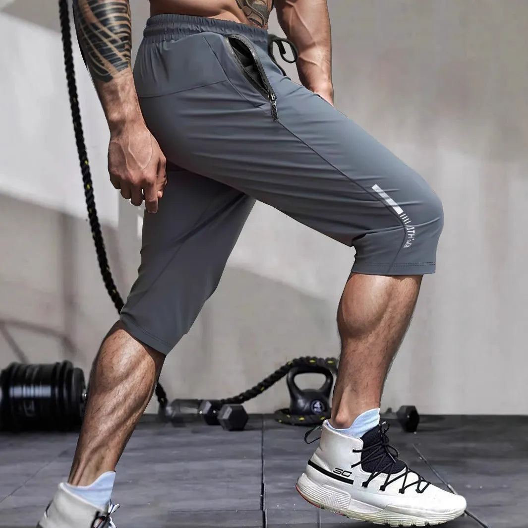 Men's ice silk cropped sports casual pants in nylon fabric with straight-leg design