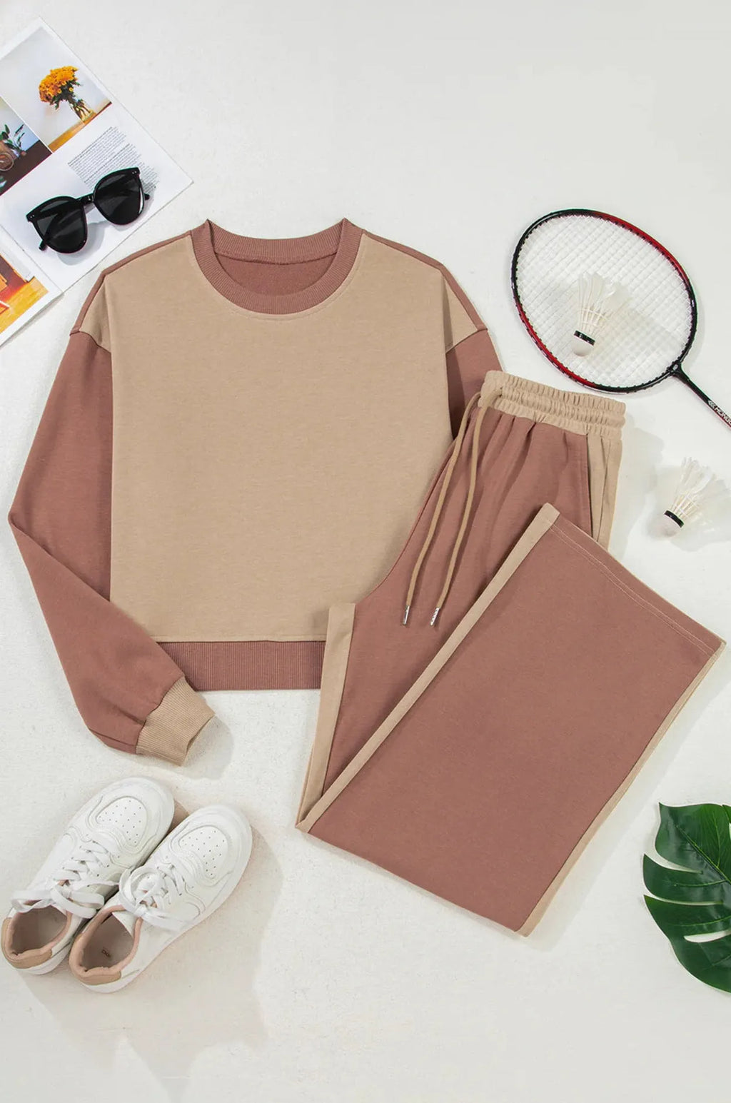 Women's camel cotton tracksuit set with matching top and trousers
