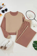 Women's camel cotton tracksuit set with matching top and trousers