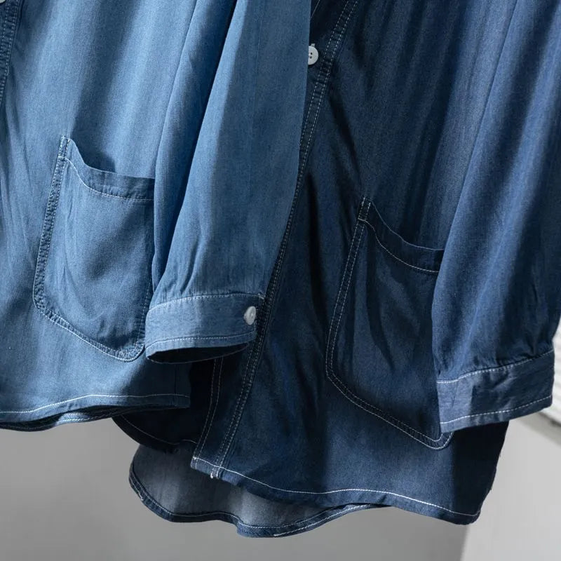 Men's dark blue casual denim coat with three-quarter sleeves and V-neck