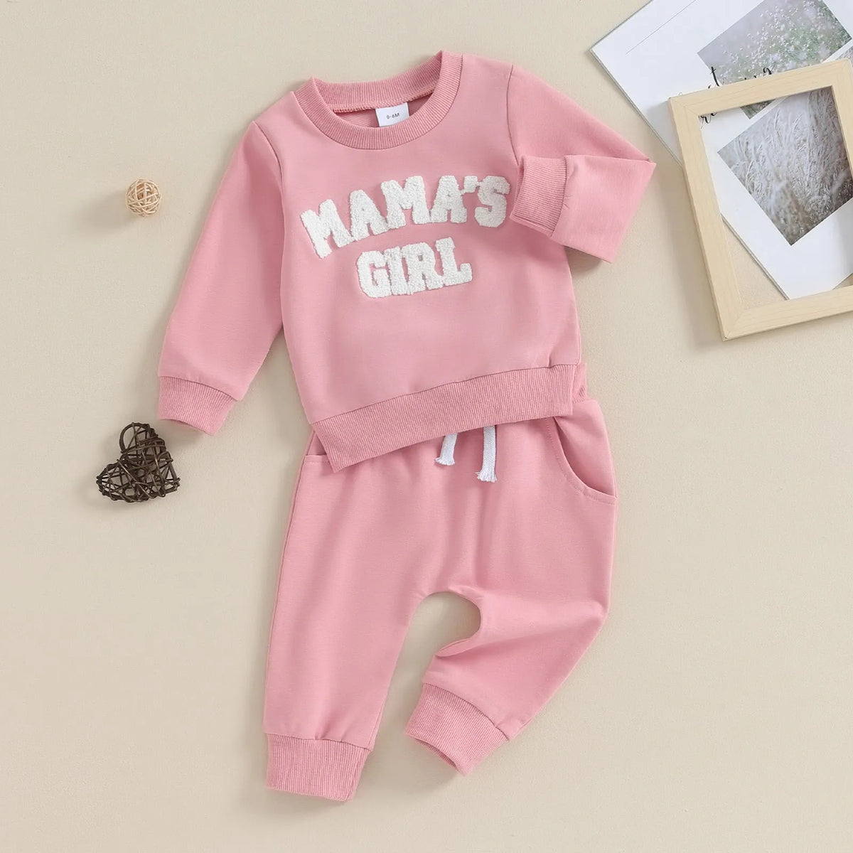 Baby girl cotton blend letters embroidered sweater and trousers suit in pink and purple, long sleeves